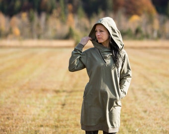 PULLOVER DRESS with large Hood and Pockets - Secret Pocket - light olive green