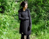 IVY - Knitted Coat, Between-Seasons Coat with Large Hood, Thumbholes and Pockets - black