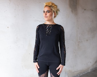 Eng anliegendes Longsleeve, Langarm-Shirt - mit transparenter Spitze - schwarz