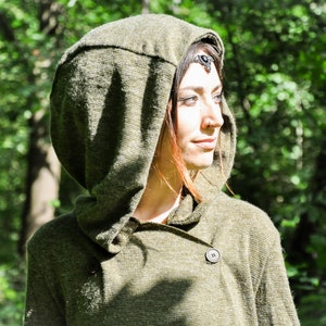 KNITTED COAT Between-Seasons Coat with Large Hood, Thumbholes and Pockets olive green image 3