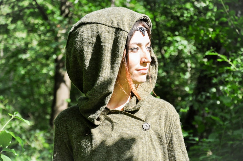 KNITTED COAT Between-Seasons Coat with Large Hood, Thumbholes and Pockets olive green image 3