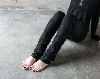 Lichtgewicht beenwarmers - beenwarmers, leggings met gedessineerd kant - bloemmotief - zwart