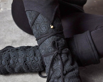 Warmly Lined Leg Warmers, Boot Cuffs - with Lacing and Brass Bells - Fleece - black