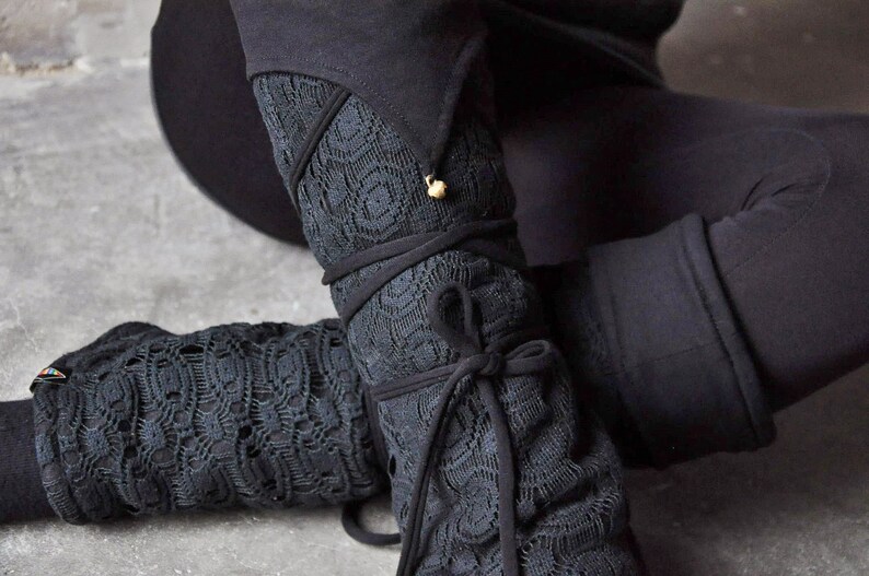 Warmly Lined Leg Warmers, Boot Cuffs - with Lacing and Brass Bells - Fleece - black