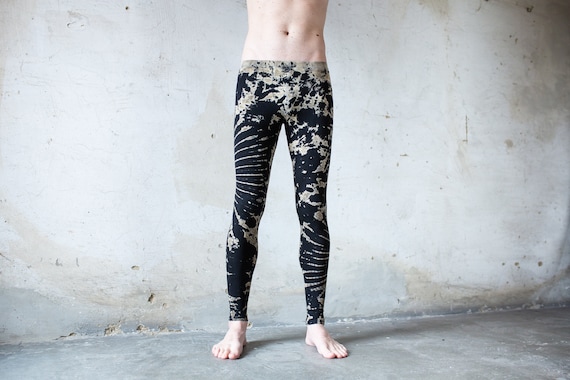 LEGGINGS With an Abstract Floral Pattern Batik, Tie-dye Unisex  Black-beige-gray 