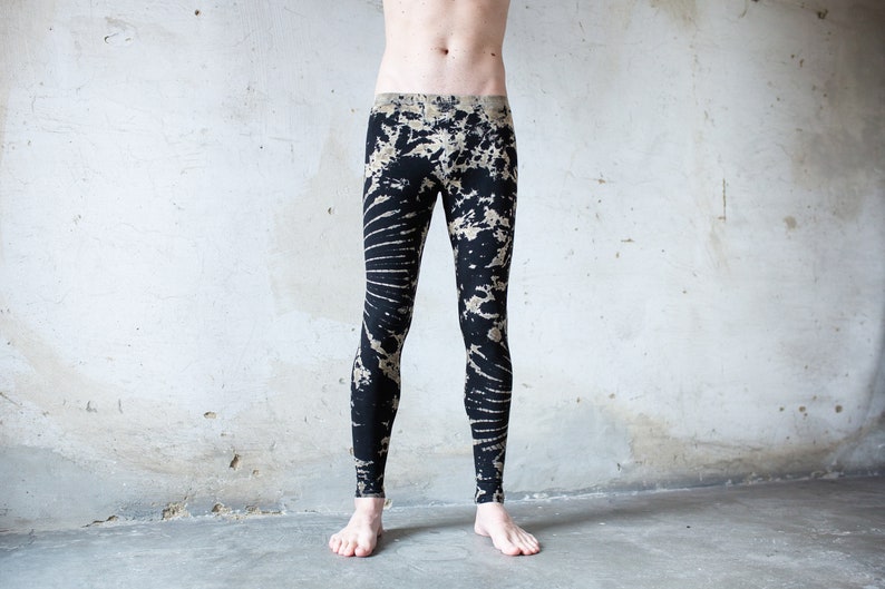 LEGGINGS with an abstract floral Pattern Batik, Tie-Dye unisex black-beige-gray image 7