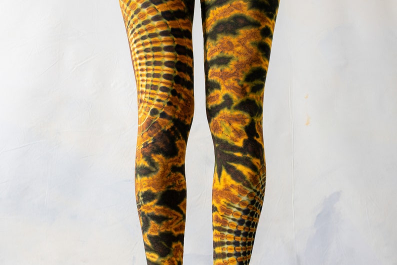 LEGGINGS with an abstract floral Pattern Batik, Tie-Dye unisex mustard brown image 5