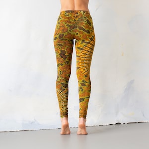 LEGGINGS with an abstract floral Pattern Batik, Tie-Dye unisex mustard brown image 3