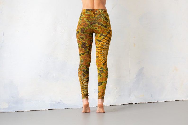 LEGGINGS with an abstract floral Pattern Batik, Tie-Dye unisex mustard brown image 3