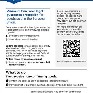 May include: A white informational document titled LEGAL GUARANTEE with a blue header featuring a G logo surrounded by stars. The text outlines consumer rights for goods in the European Union, including a QR code and the URL europa.eu/youreurope/guarantees.