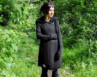 KNITTED COAT - Between-Seasons Coat with Large Hood, Thumbholes and Pockets - black