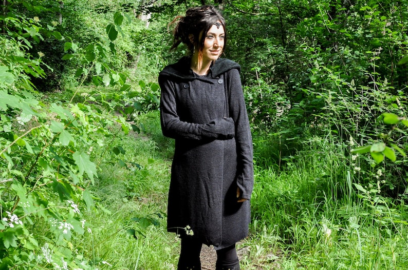 KNITTED COAT Between-Seasons Coat with Large Hood, Thumbholes and Pockets black image 1