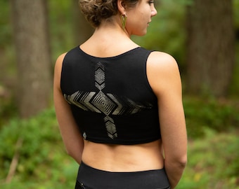 CROP TOP - Short Top - with a Geometrical Pattern on the Back - Batik, Screen Printing - black-beige-gray