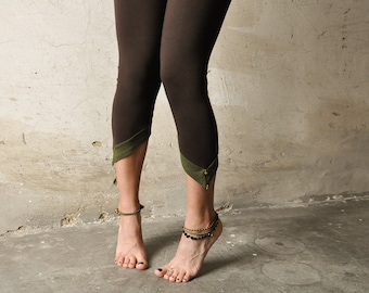 THREE-QUARTER LEGGINGS / Capri with Pointed Hem and Beads - brown-olive green