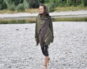 CARDIGAN TWO-PLY - Wrap Jacket with Large Hood and Thumbholes - olive green-brown