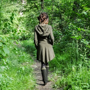 KNITTED COAT Between-Seasons Coat with Large Hood, Thumbholes and Pockets olive green image 2