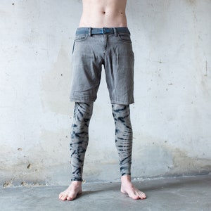 LEGGINGS with an abstract floral Pattern Batik, Tie-Dye unisex indigo, beige-blue image 7