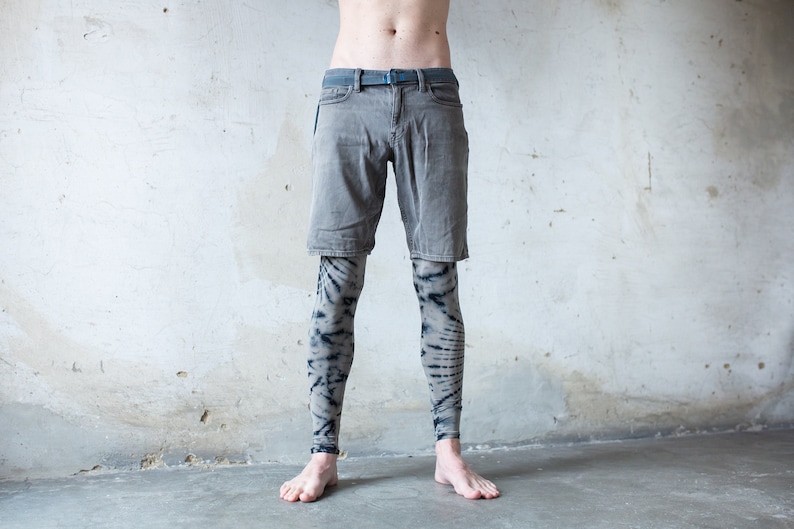 LEGGINGS with an abstract floral Pattern Batik, Tie-Dye unisex indigo, beige-blue image 7