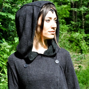 KNITTED COAT Between-Seasons Coat with Large Hood, Thumbholes and Pockets black image 2