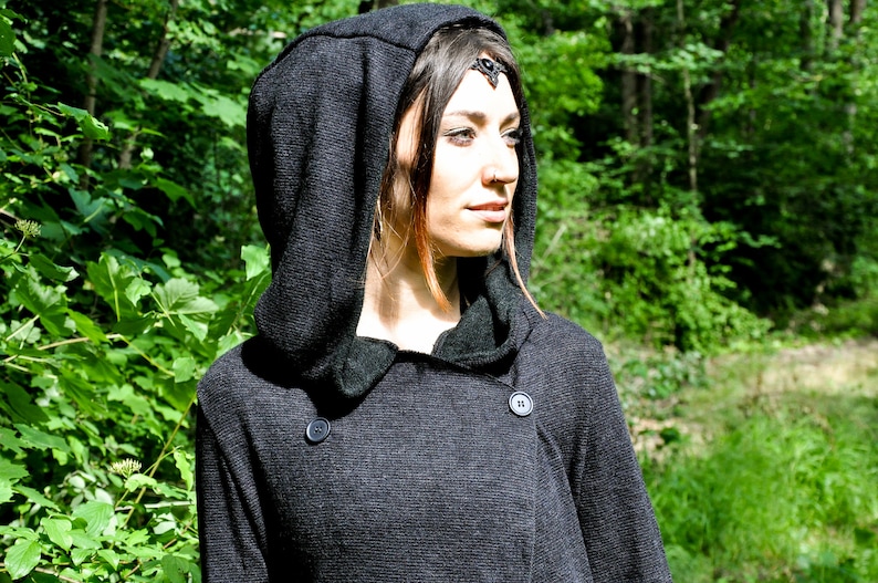 KNITTED COAT Between-Seasons Coat with Large Hood, Thumbholes and Pockets black image 2