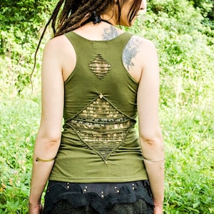 Racerback, CUT-OUT TOP - with Lace and Brass Beads - olive green