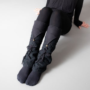 Warmly Lined Leg Warmers, Boot Cuffs with Lacing and Brass Bells Fleece black image 3