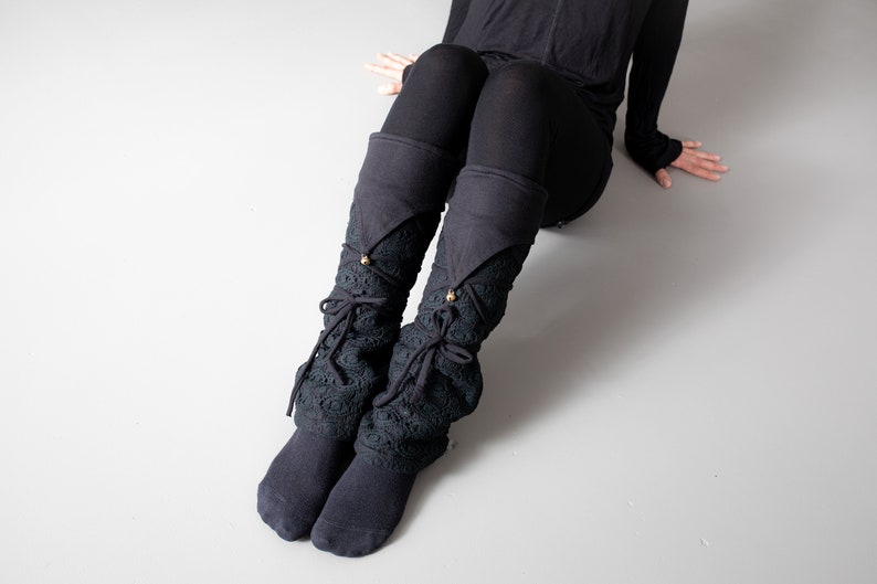 Warmly Lined Leg Warmers, Boot Cuffs with Lacing and Brass Bells Fleece black image 3