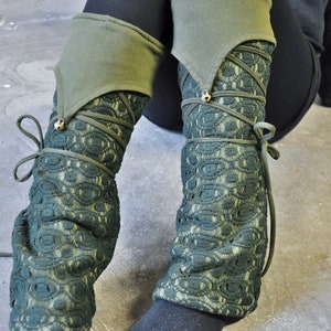 Warmly Lined Leg Warmers, Boot Cuffs ~ with Lacing and Brass Bells ~ Fleece ~ dark green, forest green