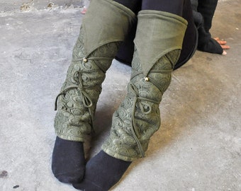 Warmly Lined Leg Warmers, Boot Cuffs - with Lacing and Brass Bells - Fleece - olive green