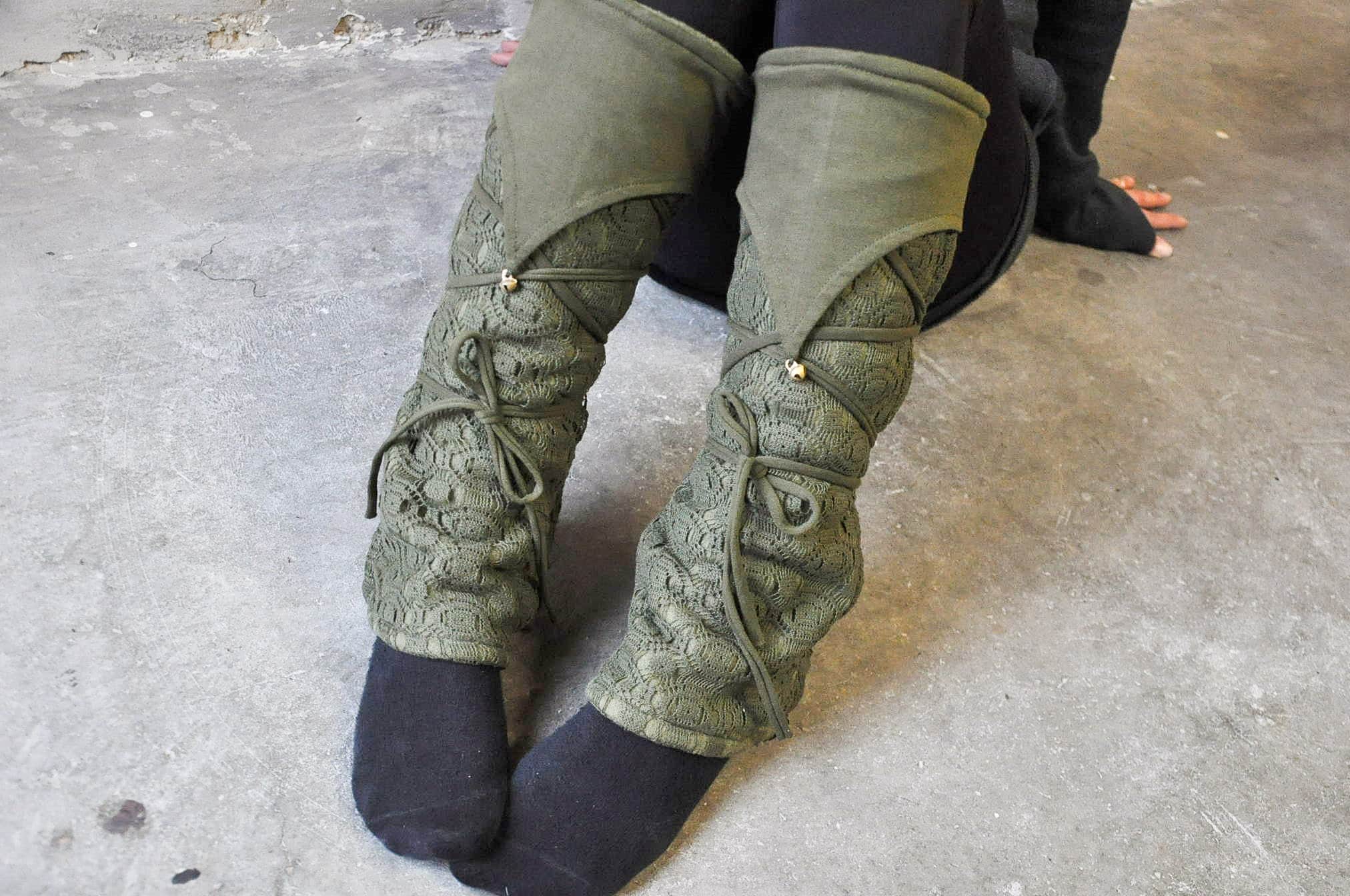 Warmly Lined Leg Warmers, Boot Cuffs - with Lacing and Brass Bells - Fleece - olive green
