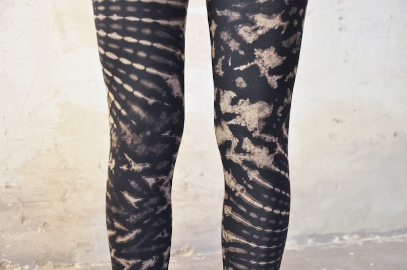 LEGGINGS with an abstract floral Pattern Batik, Tie-Dye unisex black-beige-gray image 5