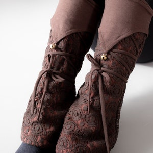 Warmly Lined Leg Warmers, Boot Cuffs with Lacing and Brass Bells brown image 3