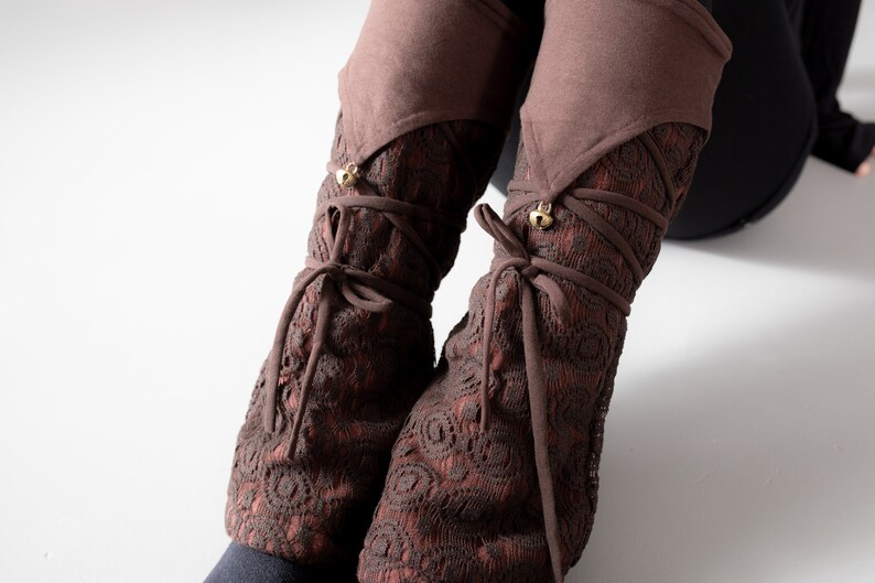 Warmly Lined Leg Warmers, Boot Cuffs with Lacing and Brass Bells brown image 3