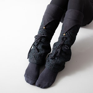 Warmly Lined Leg Warmers, Boot Cuffs with Lacing and Brass Bells Fleece black image 7