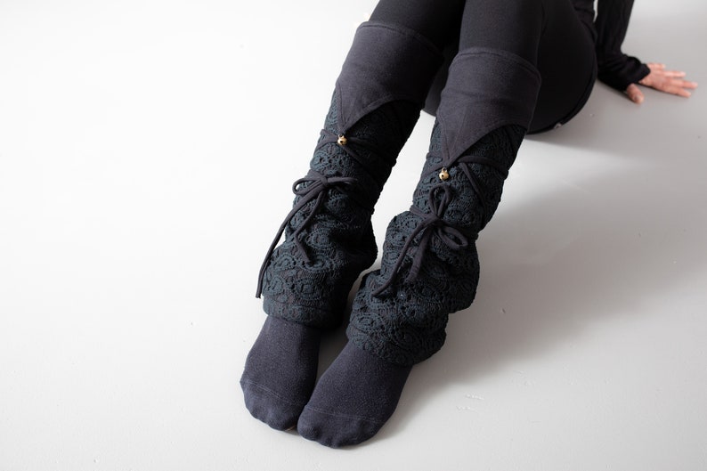 Warmly Lined Leg Warmers, Boot Cuffs with Lacing and Brass Bells Fleece black image 7