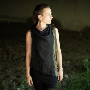 SUMMER PONCHO Cape, Shawl with Waterfall Neckline, Knitted Look and Fringes black-olive green image 7