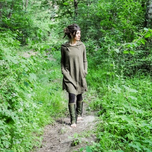 KNITTED COAT - Between-Seasons Coat with Large Hood, Thumbholes and Pockets - olive green