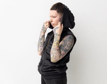VELVET VEST - with Decorative Stitching, Hood and Pockets - black