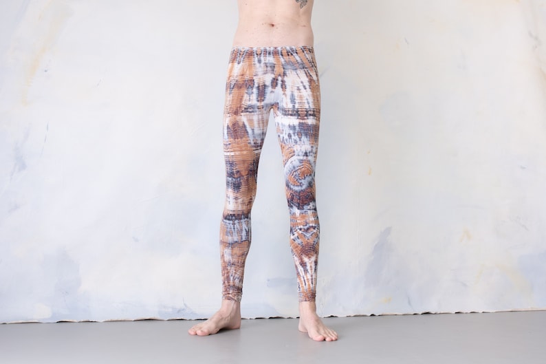 LEGGINGS mit abstrakten Rauten Batik, Schnurbatik, Knüpfbatik, Tie-Dye unisex beigebraun-lichtblau Bild 6