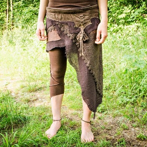 ASYMMETRICAL SKIRT with Pouch - Wrap Around Skirt, Layered Skirt - with Lace and Rivets - brown