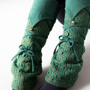 Warmly Lined Leg Warmers, Boot Cuffs - with Lacing and Brass Bells - Fleece - mint green