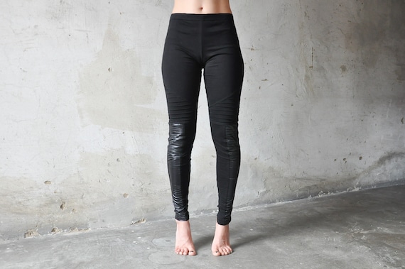 LEGGINGS With Artificial Leather and Seams Post apocalyptic Cyberpunk Black Etsy