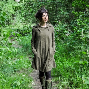 KNITTED COAT Between-Seasons Coat with Large Hood, Thumbholes and Pockets olive green image 4