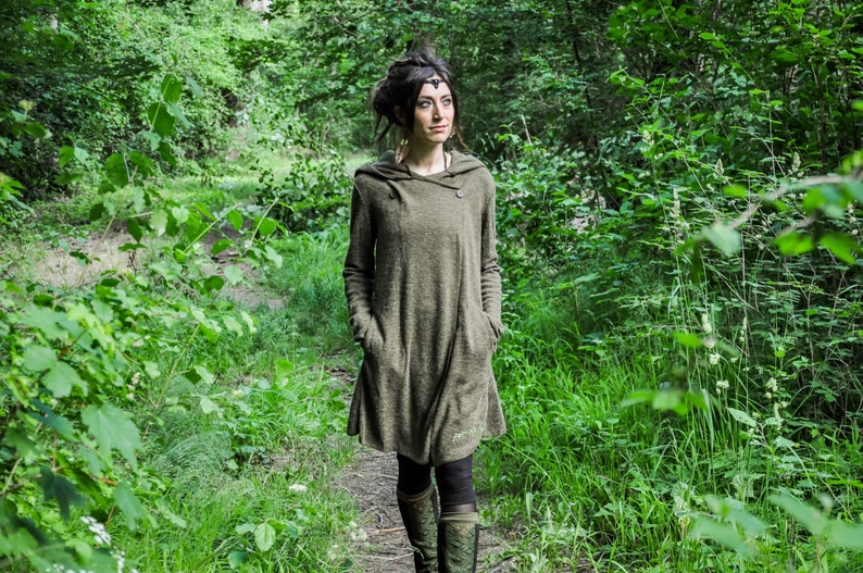 KNITTED COAT Between-Seasons Coat with Large Hood, Thumbholes and Pockets olive green image 4