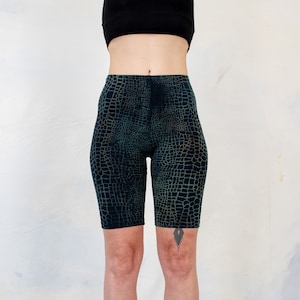 BIKER SHORTS - with abstract Alligator Pattern - Batik, Screen Printing - blue-green-brown