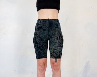 BIKER SHORTS - with abstract Alligator Pattern - Batik, Screen Printing - blue-green-brown