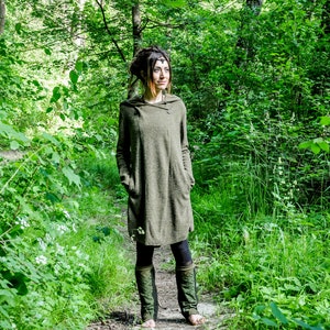 KNITTED COAT Between-Seasons Coat with Large Hood, Thumbholes and Pockets olive green image 7