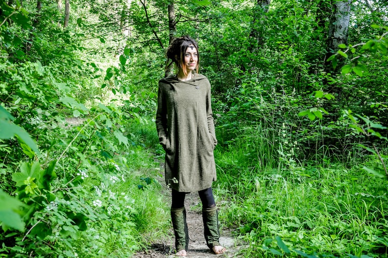 KNITTED COAT Between-Seasons Coat with Large Hood, Thumbholes and Pockets olive green image 7