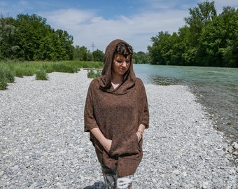 PONCHO - Wrap with Large Hood and Pocket ~ brown