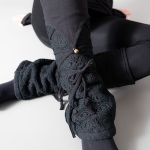Warmly Lined Leg Warmers, Boot Cuffs with Lacing and Brass Bells Fleece black image 4